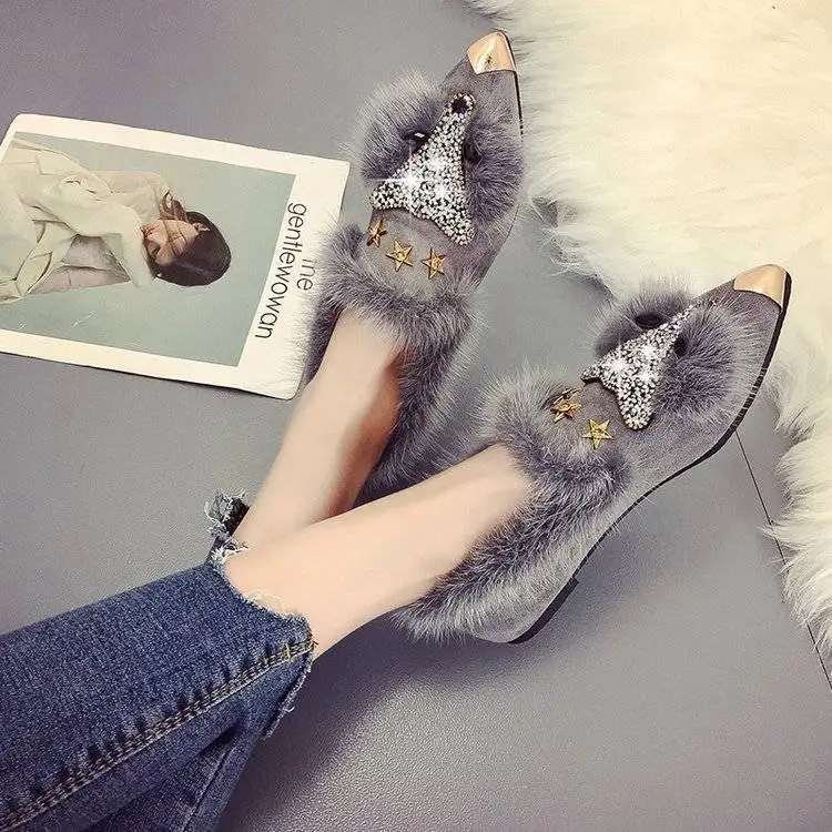 Sycatree Fox Head Style Women Casual Snow cotton Shoes Ladies Fur Shoes Moccasins Crystal Rivet Winter Warm Flat Driving Loafers