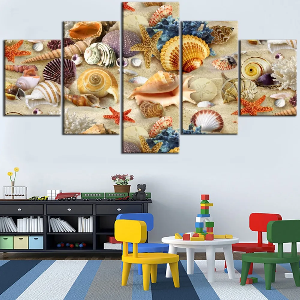 

Canvas Painting HD Printed 5 Pieces Framework Summer Beach Shell Starfish Landscape Type Poster Home Decorative Living Room