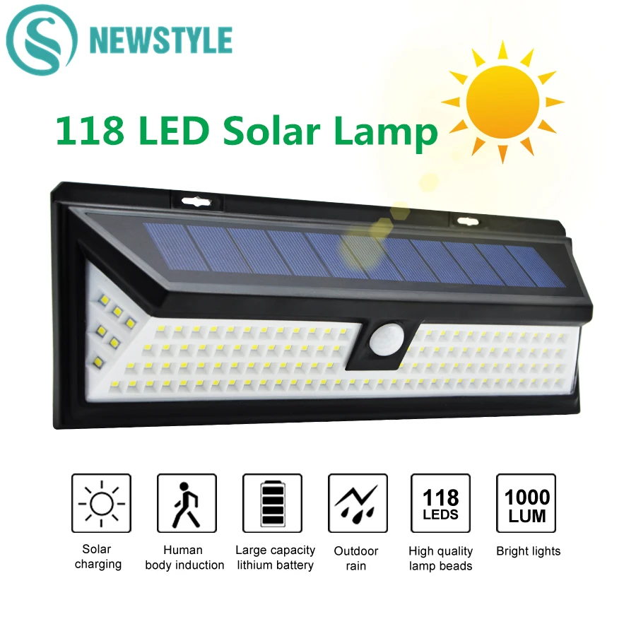 

1000LM Led Solar Light 118 LED 27O Degree Wide Angle Waterproof IP65 Security Lighting Outdoor Solar Lamp For Garden Wall Yard