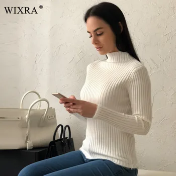 

Wixra Basic Pullover 2018 Spring Fashion Women Sweater High Elastic Solid Plush Turtleneck Sweater Women Slim Knitted Pullovers