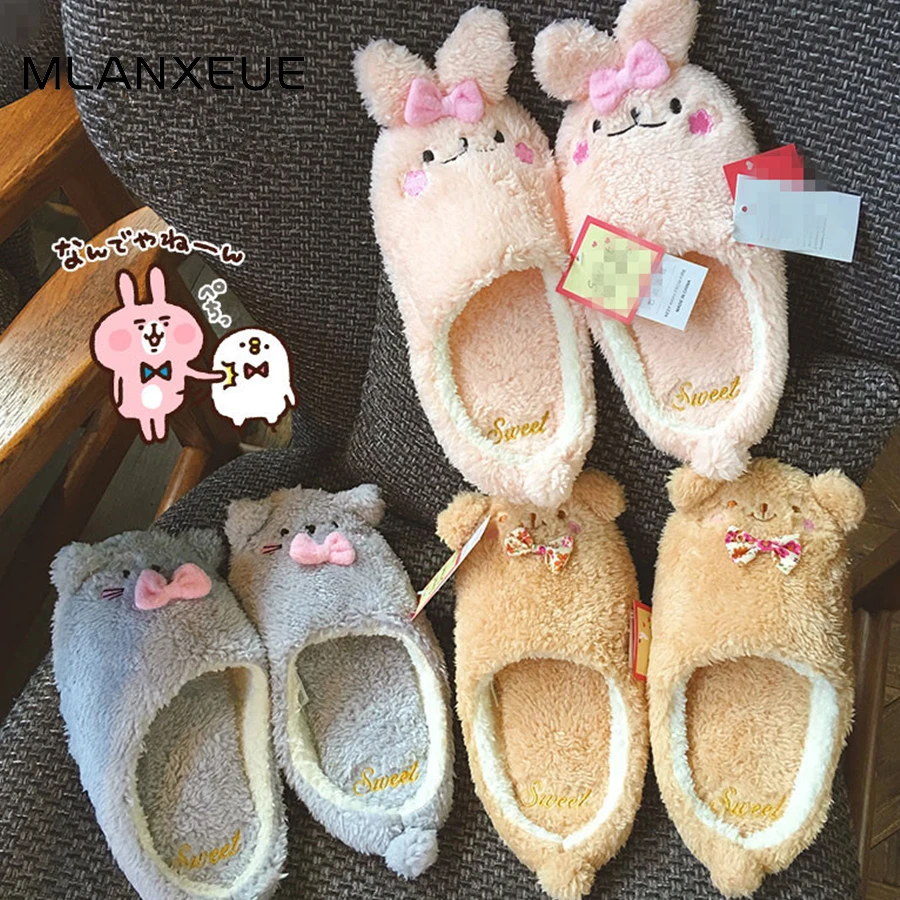 

Warm Plush Cartoon Rabbit Women Cotton Slippers Shoe Cartoon Bear Woman Slippers 3d Animal Floor Non-slip Female Cotton Slippers
