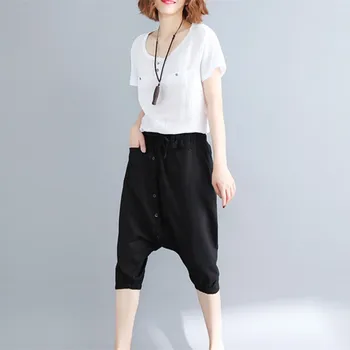 

Women Harajuku Loose Baggy Pants Elastic Waist Ankle Length Casual Pants Front Button Pockets Harem Trousers