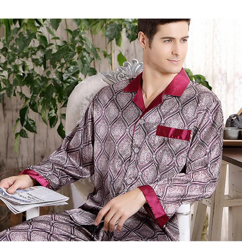 High Quality Silk pajamas paisley Men long sleeved shirt + trousers two