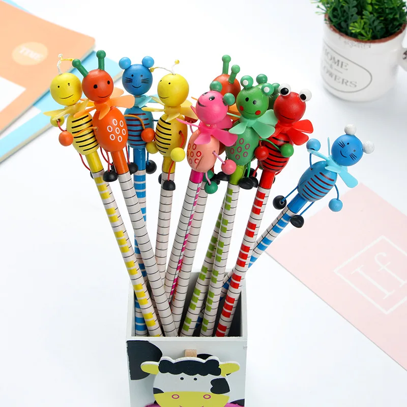 

6pcs/Set Cartoon Animals Bee Wooden Pencils with Shakable Head Children Student Kids Pencil Gifts School Stationery