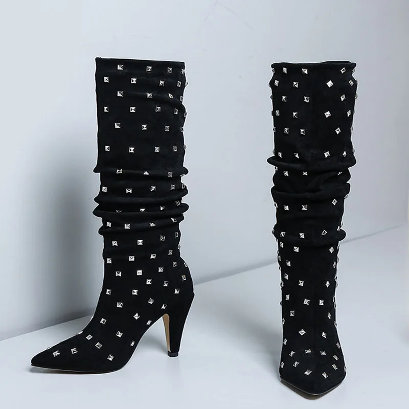 Clavos Mujeres Metálicos Zapatos Del Tacones Femeninos Pantorrilla Gamuza Gladiador Media Punta Pic Botas Remaches Señoras As Negro Estrecha Resorte ZnYqAppv
