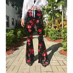 2019 демисезонный широкие брюки для женщин цветочный принт стрейч мотобрюки Boho Palazzo дамские шаровары