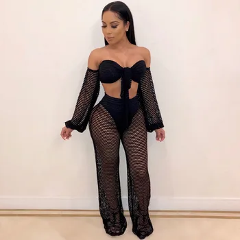 

Hollow Out Sexy Two Piece Set Women Slash Neck Long Lantern Sleeve Crop Top And See Through Wide Leg Pant Summer Beachwear Suit