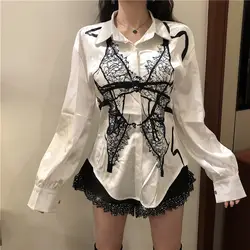 2019 Новая модная игривая модная кружевная женская блузка с длинным рукавом Сексуальная Свободная Повседневная Блузка с принтом Топ для