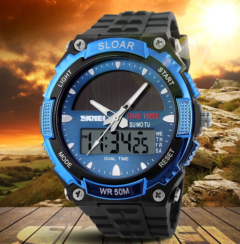 Goedkoop 2018 Nieuwe Solid Horloges Mannen Klok Hars Atomic Solar Sporthorloge 2 Tijdzone Digitale Led Quartz Mannen Horloges Militaire horloge