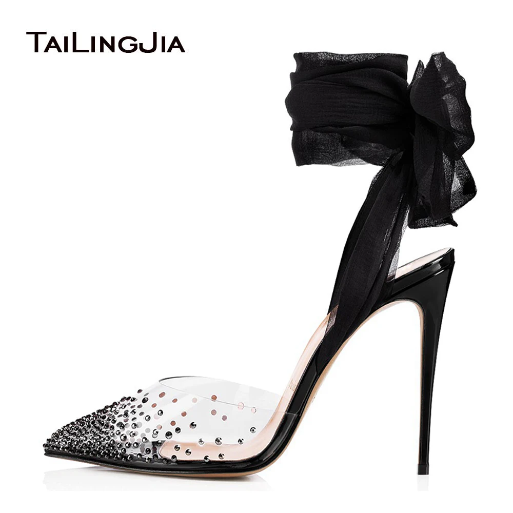 Crystal Clear Heels Transparent PVC High Heel Pumps Chiffon Ankle Wrapped Rhinestones Slingbacks Pointed Toe Wedding Party Shoes