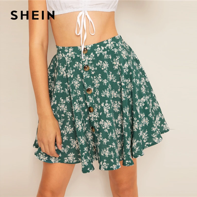 SHEIN, зеленые, с растительным принтом, на пуговицах, Свинг, средняя талия, расклешенные юбки, женские, летние, элегантные, богемные, повседневные, мини, юбка для скейтера