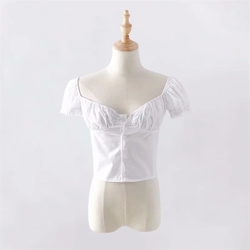 Женская блузка на пуговицах с оборкой, винтажный топ с коротким рукавом - Цвет: white