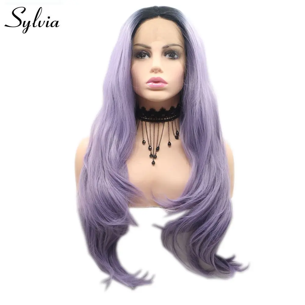 Sylvia Purple Hair Long Wavy Synthetic Lace Front Wig For Women Lavender Wigs Heat Resistant