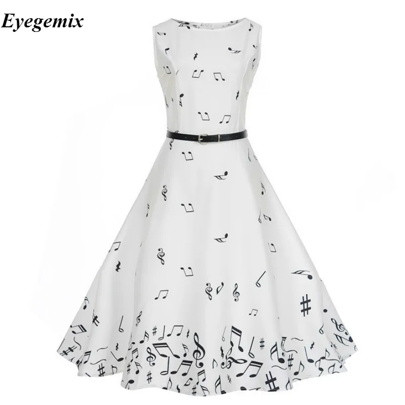 

2018 Music Note Print Musical Women 50s 60s Vintage Dress Sleeveless O-Neck Female Casual Swing Retro Dress Vestido Robe Femme