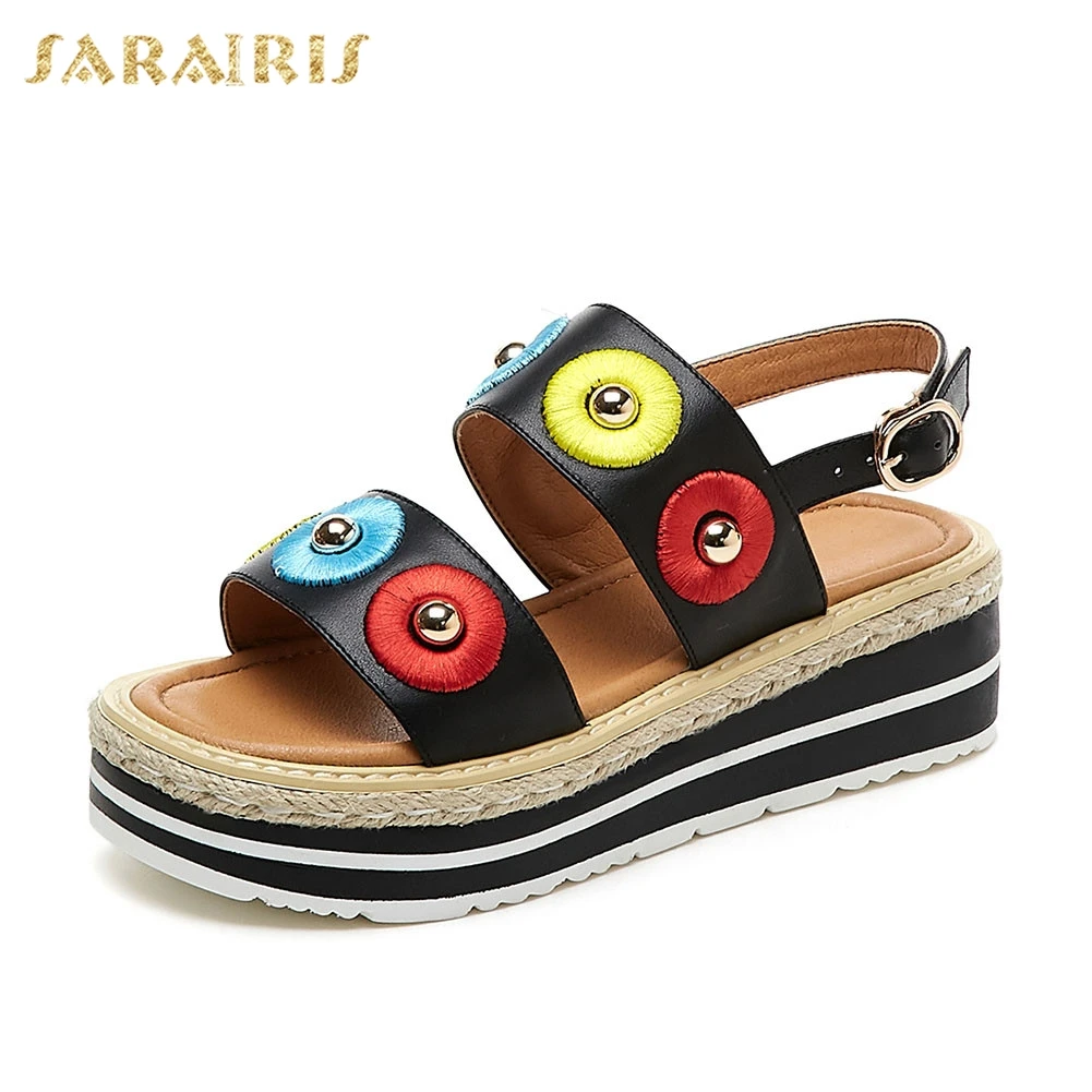 

Sarairis Brand New women's Genuine Leather Shoes Summer Sandals 2019 Ladies Wedges Med Heels Shoes Woman Casual Sandals