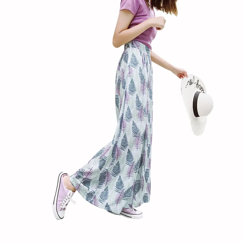 Retro high waist leaves printed chiffon wide leg pants female summer casual loose beach elegant vintage nine pants women 2019 Retro high waist leaves printed chiffon wide leg pants female summer casual loose beach elegant vintage nine pants women 2019