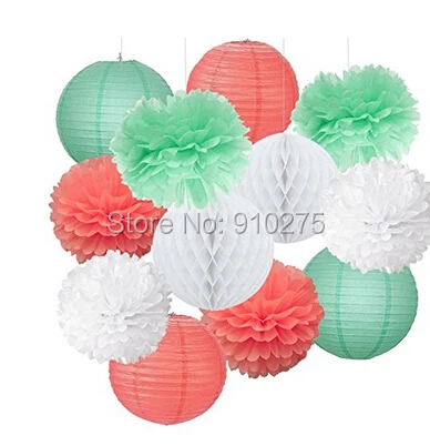 12 шт. смешанные мятно зеленые коралловые белые салфетки Pom Poms бумага фонарь