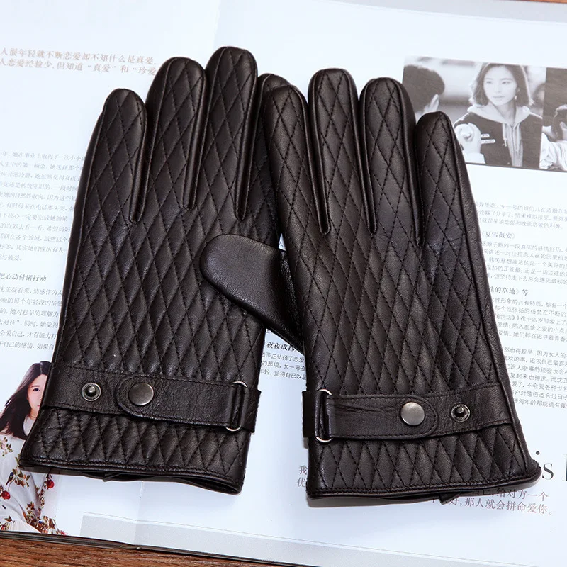 Последние 2019 мужская зимние кожаные перчатки плюс бархат утолщаются теплые из натуральной кожи ромбовидная решетка перчатки для вождения