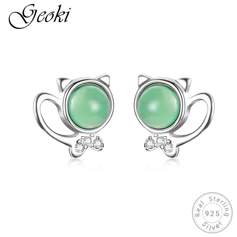 

Geoki 925 Sterling Silver Green Cubic Zirconia Cat Stud Earrings Original S925 Cute Zircon Animal Shaped Earrings Luxury Jewelry