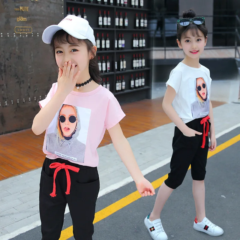 Комплекты одежды для девочек Новинка 2018 года, летняя одежда для девочек футболка с короткими рукавами + шорты комплекты детской одежды из 2