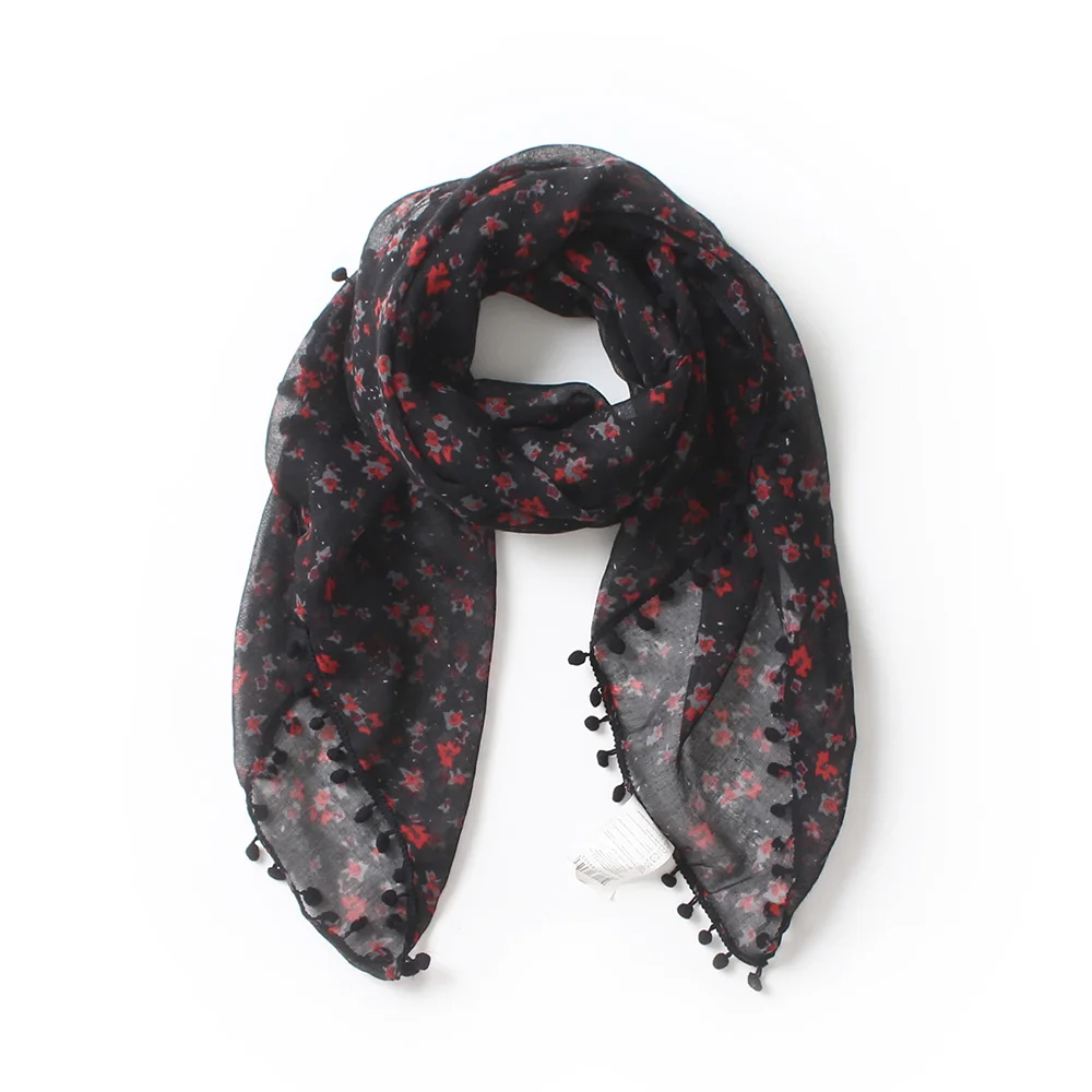 

black floral flower print square scarves with lace pom pom women soft light viscose scarf lady fashion kerchief hijab 100*100 cm
