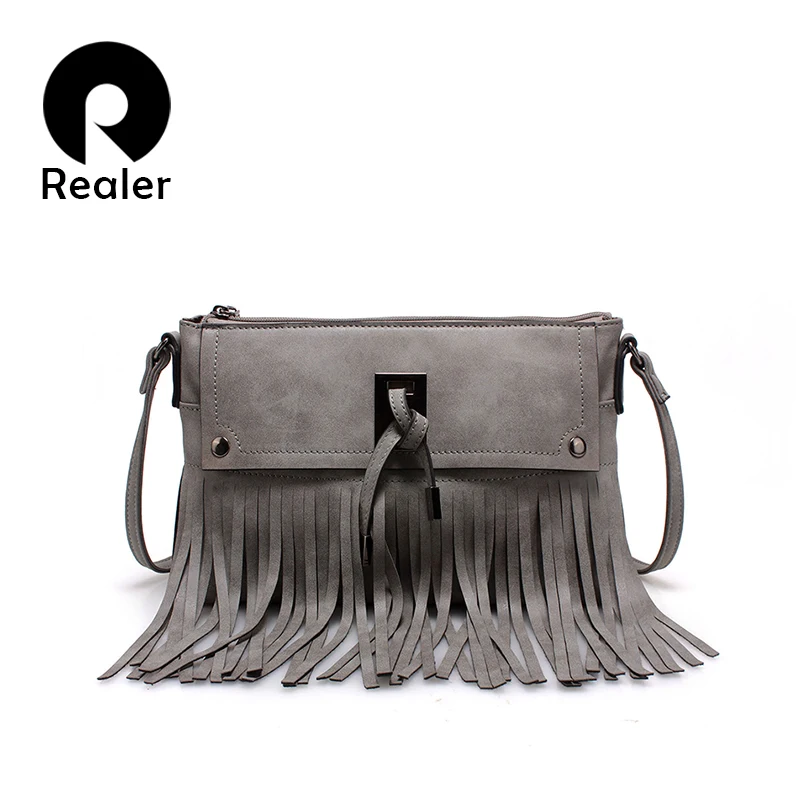 REALER brand women tassel bag classic flap bag PU small shoulder crossbody bags for women clutch handbag gray
