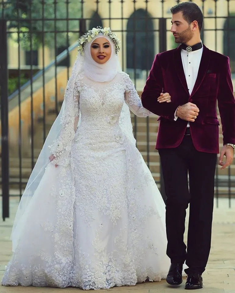 Arab Hijab Saudi Arabia Muslim Wedding Dresses Long Sleeves Lace Beads  Detachable Over Skirt Mermaid Bridal Gowns Modest Sleevedbeaded geckogown  picturebeaded dishes - AliExpress