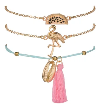 

20 Set/Lot Vintage Flamingo Watermelon Shell Charm Bracelets Set for Women Multilayer Leather Bracelets