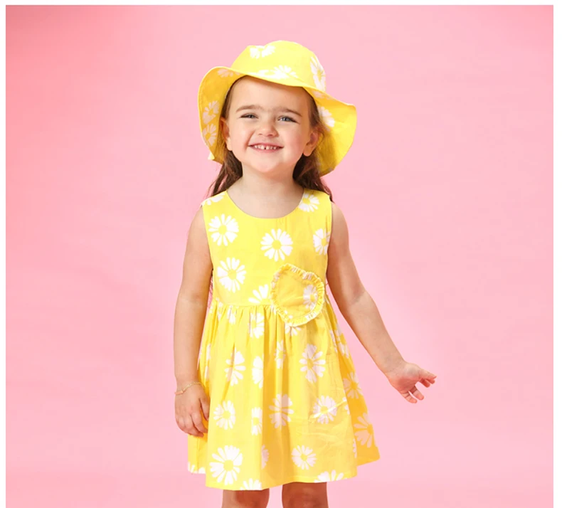 Girls Sleeveless Dress + Cap , Child Toddler Girl Cotton Summer Yellow