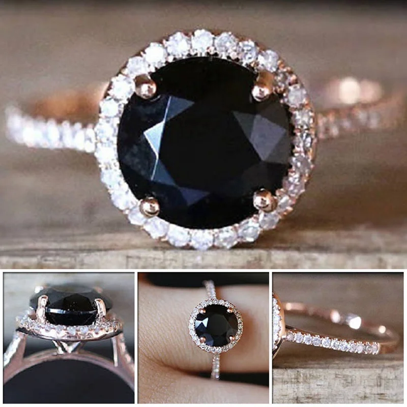 Кольца с черным кристаллом, кольцо в стиле панк для мужчин и женщин, стразы цвета розового золота, ювелирные изделия на палец