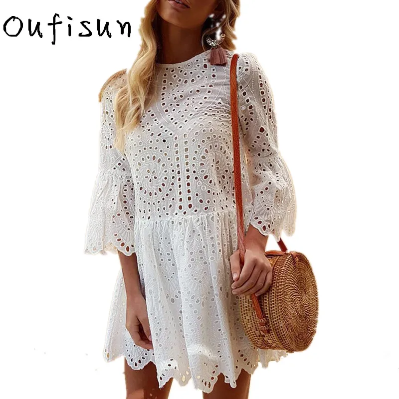 

Oufisun Lace Embroidery Sexy Mini Dress Women's Ruffle Sleeve Causal White Dress Hollow Out Summer Short Dress Vestidos 2018 New