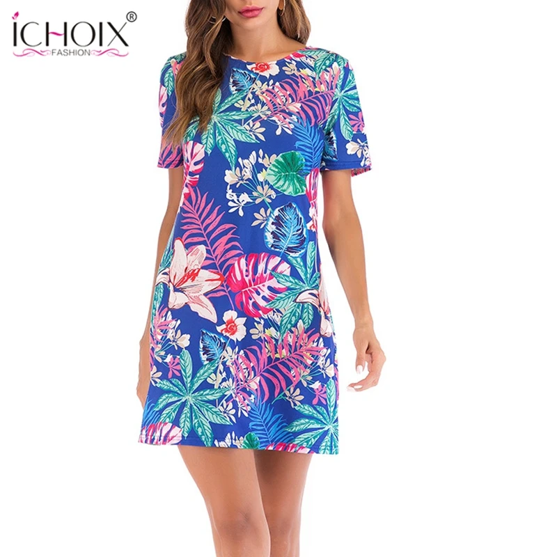

ICHOIX 2019 Laides Summer Dress Floral Print Sexy Hollow Out Mini Dress Female Casual O-Neck Beach Vestidos Women Party Dresses
