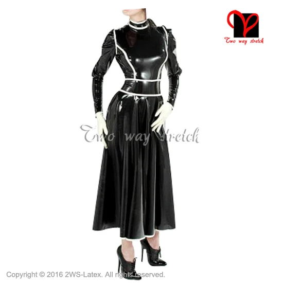 Sexy Schwarz und weiße zierleisten Lang Latex kleid Frech Maid Gummi