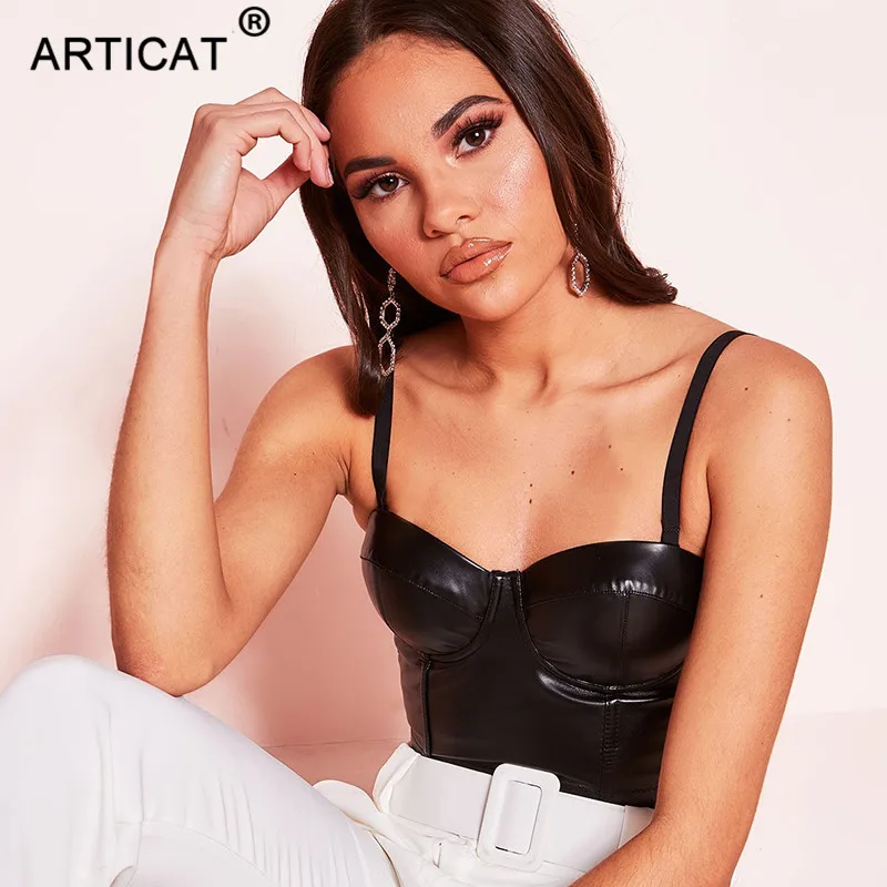 

Articat Women Sexy PU Leather Tank Tops Summer Black Camis Wrap Bustier Crop Tops Female Black Mini Bodycon Party Tops Clubwear