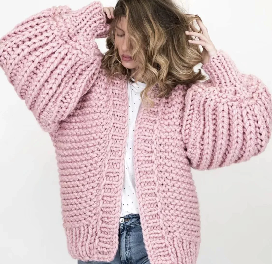 

2018 Women's Winter Sweaters Open Stitch Loose Knitted Cardigans Lantern Sleeve Hand Made Boho Sweaters Large Chic Thick Sweater