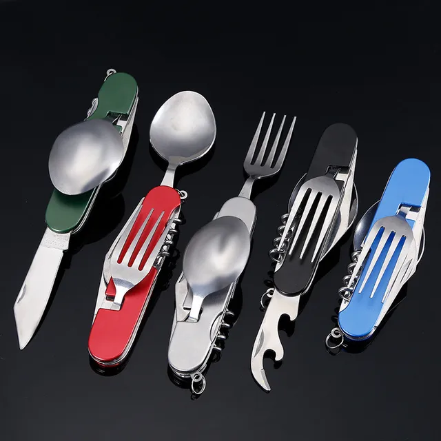 US $4.40 Multitool Outdoor Camping Sport Travel Tableware Folding Pocket Kits Stainless Steel Spoon Fork Kni