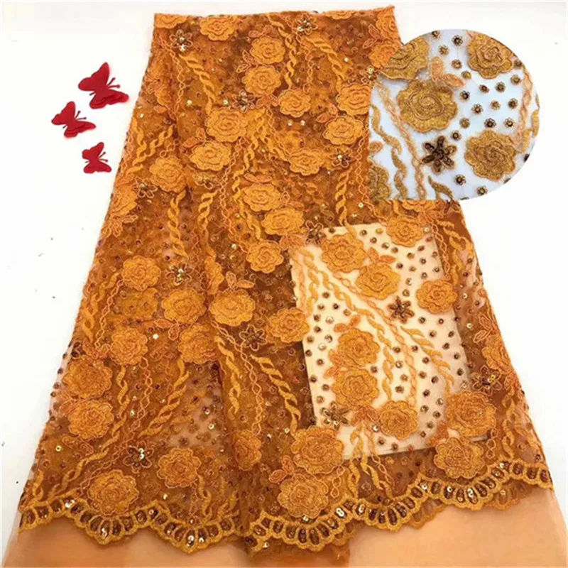 

Orange African Laces Fabric Embroidered Nigerian Guipure French Lace Fabric High Quality French Net Lace Fabric 5 Yards