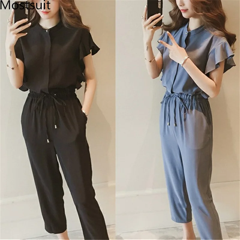 

L-4xl Summer Two Piece Sets Women Plus Size Black Blue Short Sleeve Tops And Pants Suits Casual Elegant Korean Women's Sets 2019