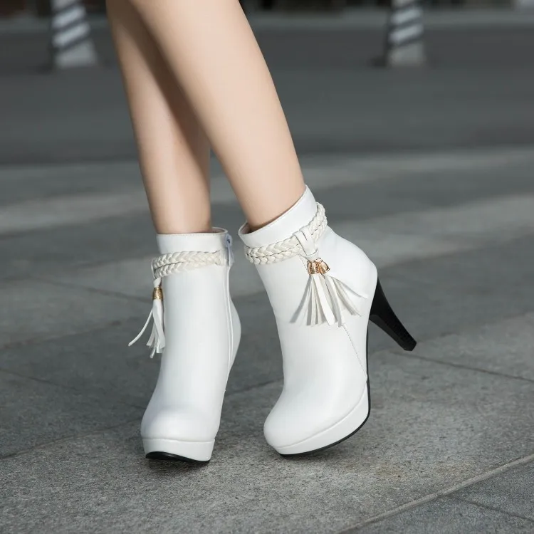 

Big Size 11 12 13 Round-headed thin-heeled high-heeled waterproof platform side zipper fringed short tube fringed boots