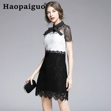 2019 Summer Bodycon Wrap Dress Women Hollow Out A-Line Casual Mini Dress Black White Contrast Lace Dress Women S-XXL Plus Size contrast hollow out crochet yoke dress
