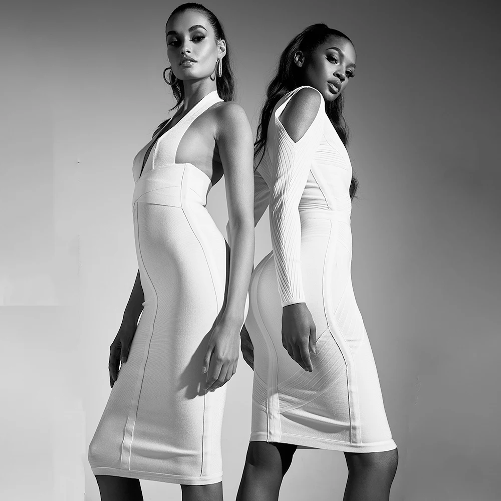 BEAUKEY Новое Белое Бандажное платье с длинным рукавом и вырезом Сексуальное Женское Платье с v-образным вырезом геометрические вечерние платья размера плюс XL