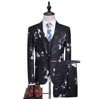 

Men's suit men's suit three-piece suit (jacket + pants + vest) men's printed single button fashion dress wedding groom dress