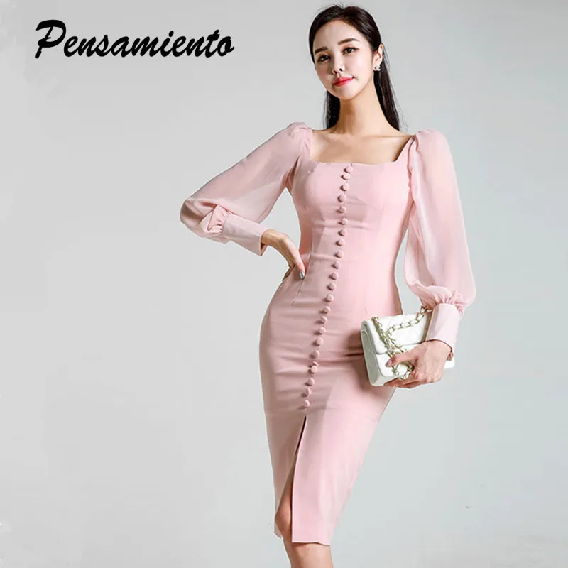 

2018 Autumn Women dress Voile patchwork Puff sleeve square collar Lady Party dresses Elegant Pink button Bodycon dress Vestidos