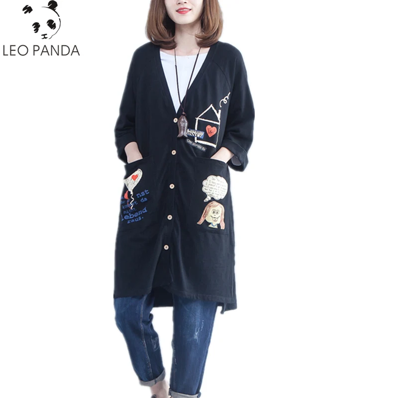 

Spring Autumn Women Cartoon Prints V-Neck Single Breasted Drop-Shoulder Outerwear Female Loose Casual Comfortable Coats ZX987