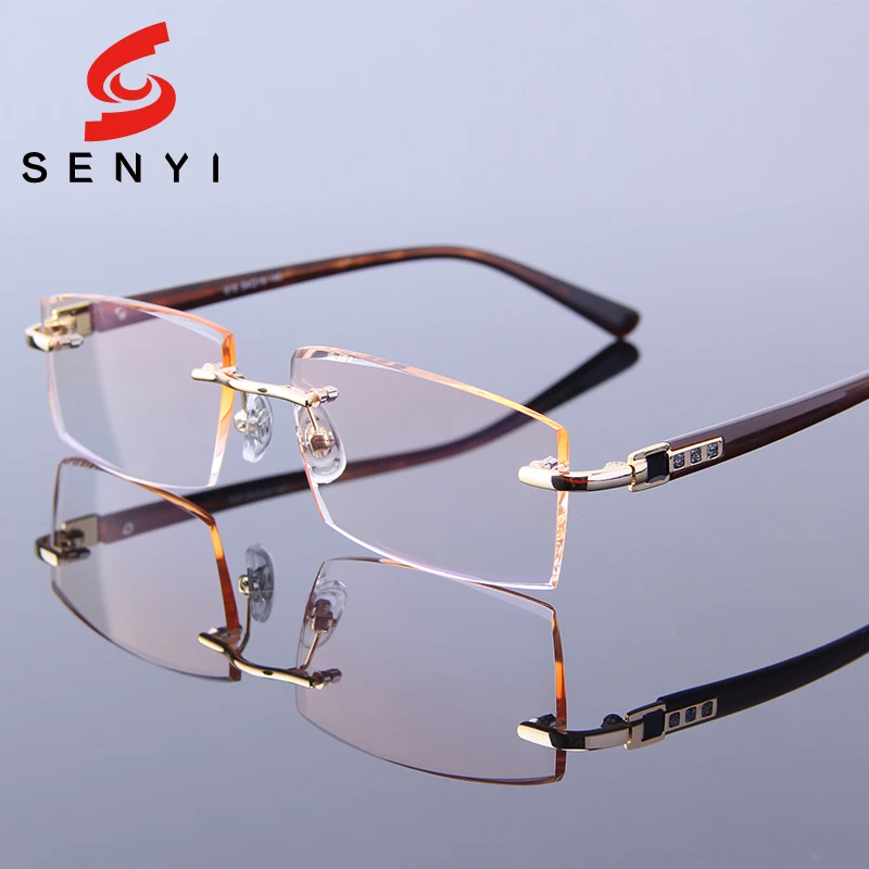 Luxury Rhinestone Reading Glasses Rimless Men's Gold Hyperopia Male