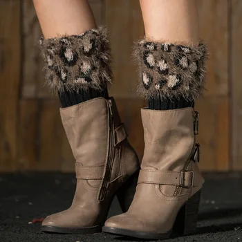 

Big Girl's Button-Down Knitted Leopard Patchwork Fur Leg Warmers Anti-Cold and Fashion Decor Winter Leg Warmers