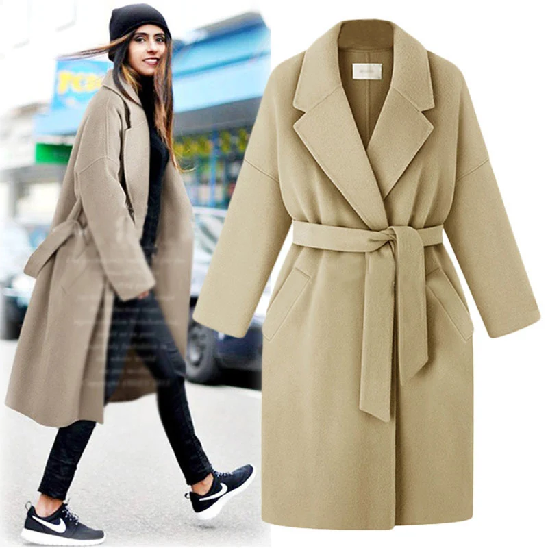 

Winter Autumn Overcoat Women 2019 Fashion Leisure Belt Long Woolen Jackets Office Lady Long Sleeve Loose Overcoat Women Formal