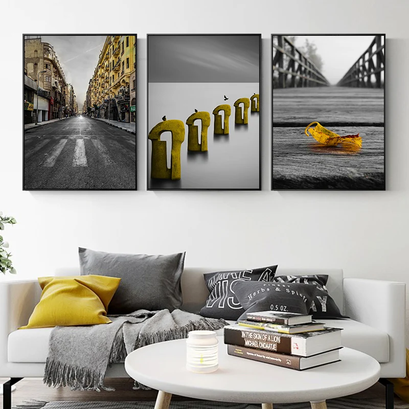 

Nordic Black Yellow Street Leaf Wall Art Canvas Painting City Landscape Poster Print Wall Picture for Living Room Home Decor