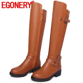 

EGONERY party Outdoor Western knee-high Motorcycle long boots spring winter warm platform 4.5cm square low heel PU woman shoes