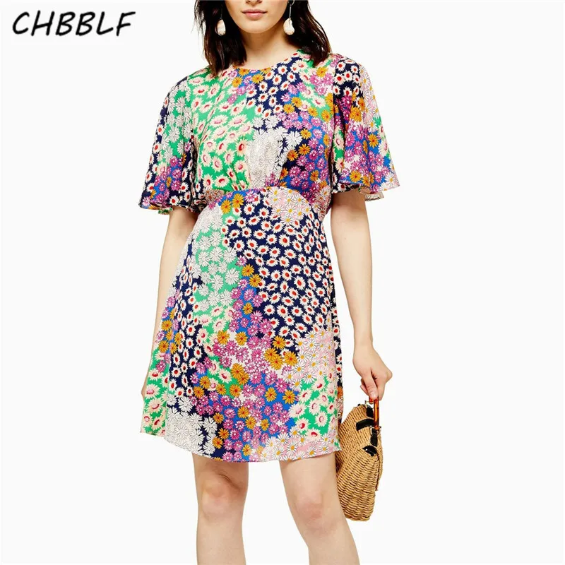

CHBBLF women sexy floral print mini dress flare sleeve backless female chic dresses summer A line mini vestidos WDL6330